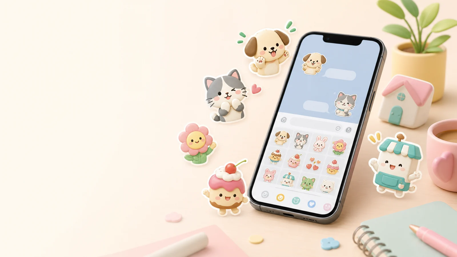 スマホ画面にオリジナルスタンプが並ぶ制作サービスのイメージ